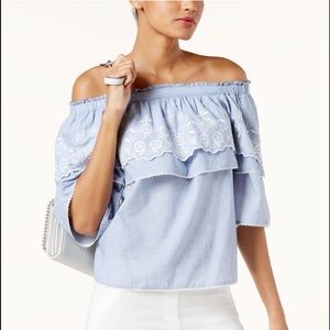 INC: off the shoulder chambray top